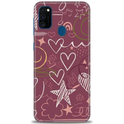 Samsung Galaxy M21 Kılıf HD Baskılı Kılıf - Notalar ve Kalpler Bordo + Tam Ekran Koruyucu