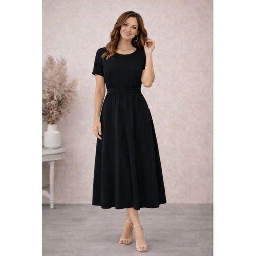 Kadın Kısa Kollu Yuvarlak Yaka Arkadan Düğmeli Viskon Midi Elbise