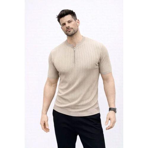 Erkek Kısa Kol Fitilli Triko T-Shirt Yazlık Hakim Yaka Tişört - Bej