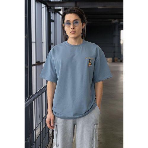Cep Baskılı İki İplik Kumaş Pamuklu Oversize Erkek T-Shirt - Soğuk Mavi