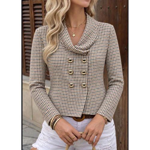 Ekose Desenli Kruvaze Blazer Ceket