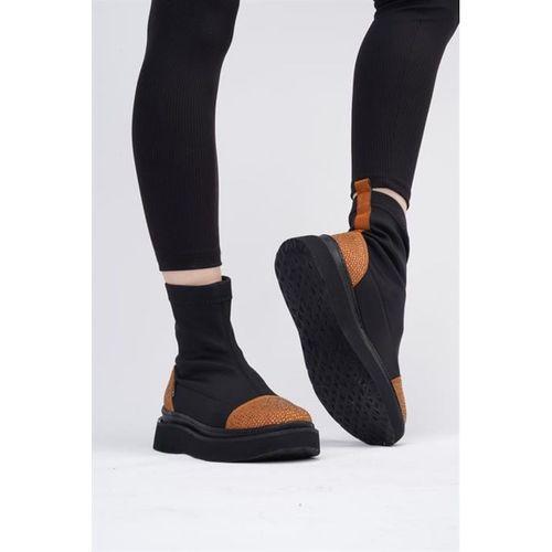 Afron Siyah Renkli Taba Deri Detaylı Taşlı Kışlık Kadın Bot