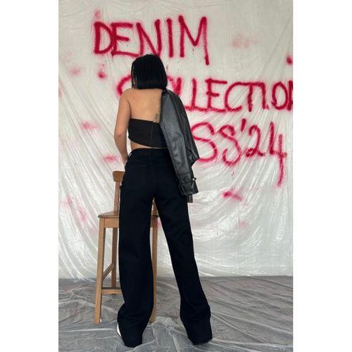 Siyah Yüksek Bel Ve Geniş Paça Jeans Pantolon