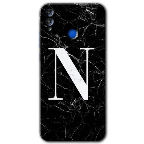 MRCİLETİSİM Honor 8x Kılıf HD Desen Baskılı Arka Kapak + Temperli Cam - Siyah Mermer Desenli N Harfi