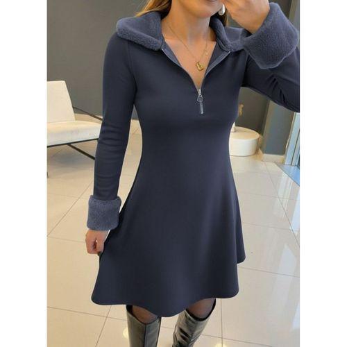 Kadın Uzun Kollu Kürk Yakalı Fermuarlı Mini Viskon Iki Iplik Elbise