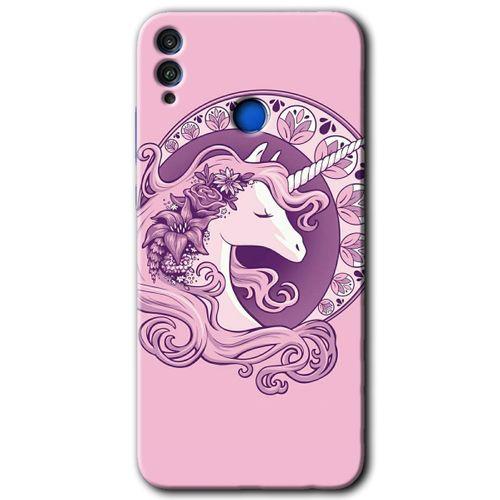 MRCİLETİSİM Honor 8x Kılıf HD Desen Baskılı Arka Kapak + Temperli Cam - Unicorn-Pembe