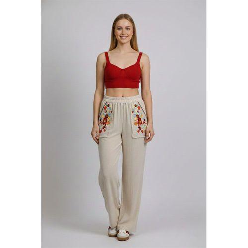 Beli Lastikli Hülya Çiçek Desenli Otantik Çift Cepli Yazlık Keten Pantolon Krem Krm
