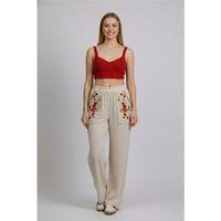 Beli Lastikli Hülya Çiçek Desenli Otantik Çift Cepli Yazlık Keten Pantolon Krem Krm