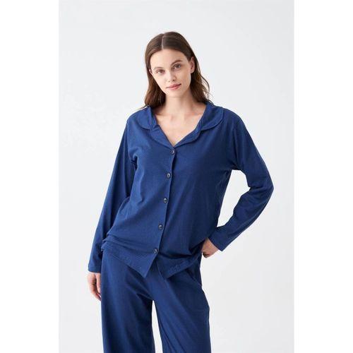 Kadın Lacivert Düğmeli Yaka Detaylı Pamuklu Pijama Takımı