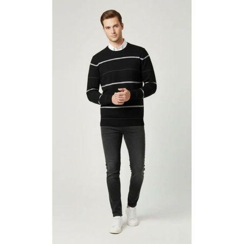 Erkek Bisiklet Yaka Cizgili Triko Kazak Yumuşak Dokulu Pamuklu Ince Dokuma, Uzun Kollu Rahat Regular Kalıp - Siyah