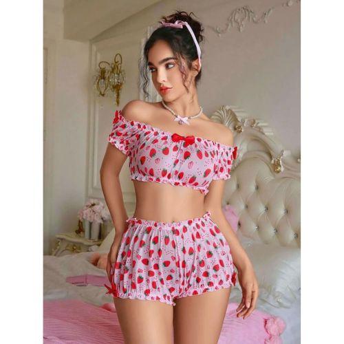 Kadın Pembe Çilek Desenli Şortlu Pijama Takımı