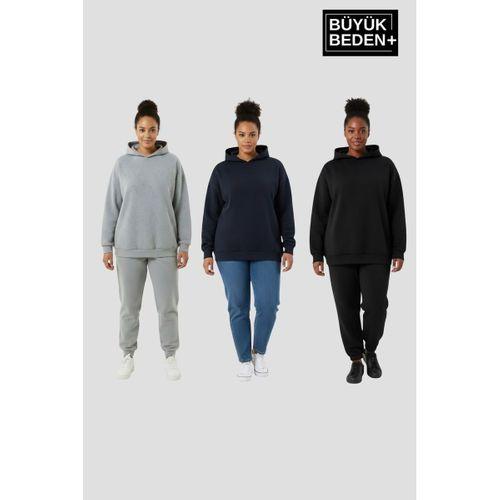 Kadın Büyük Beden 3 lü Set  Kollar Ve Etek Ribanalı ince Kapşonlu Swatshırt SPR26BSWK957+3