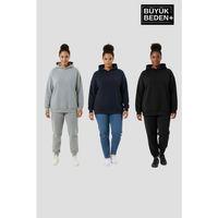 Kadın Büyük Beden 3 lü Set  Kollar Ve Etek Ribanalı ince Kapşonlu Swatshırt SPR26BSWK957+3