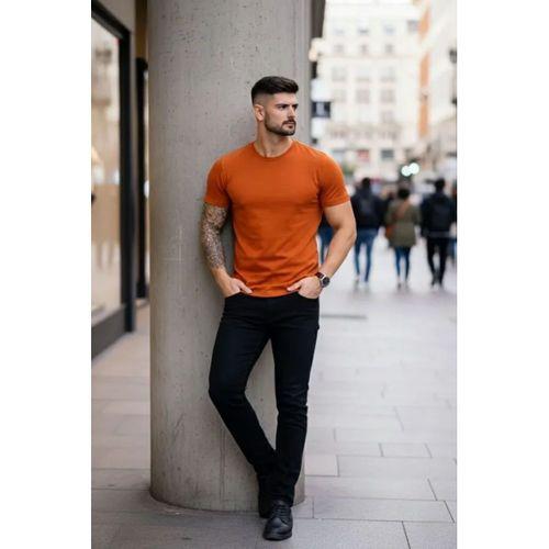 Erkek T-Shirt Bisiklet Yaka Slim Fit Dar Kesim Likralı Tişört Günlük Basic Body - Koyu Turuncu