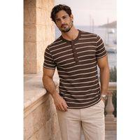 Kristof Pike Kumaş Regular Fit Düğmeli Yaka Kendinden Çizgili T-Shirt - Kahve