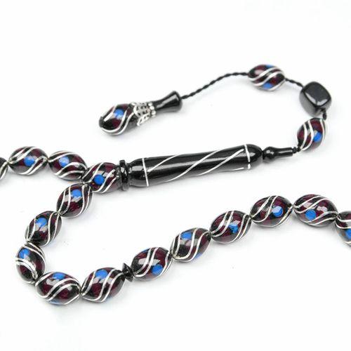 Oltu Taşı ve Kırmızı Galalith Çift Çeşmi İşlemeli Tespih