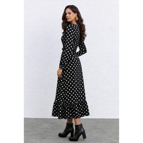 Kadın Uzun Kollu Yakası Bağcıklı Uzun Puantiyeli Krep Maxi Elbise