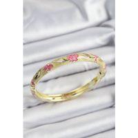 Mineli Pirinç Pembe Ve Hardal Çiçek Motifli Gold Renk Kadın Kelepçe - TJ-BB7369