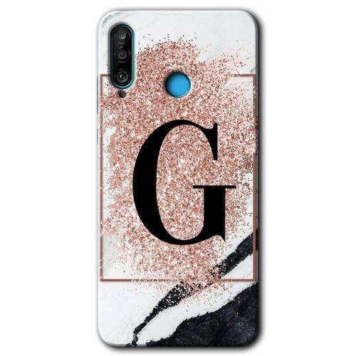 MRCİLETİSİM Huawei P30 Lite Kılıf HD Desen Baskılı Arka Kapak + Temperli Cam - Pembe Mermer Desenli G Harfi