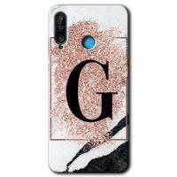 MRCİLETİSİM Huawei P30 Lite Kılıf HD Desen Baskılı Arka Kapak + Temperli Cam - Pembe Mermer Desenli G Harfi