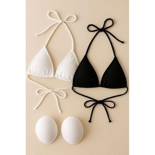 Siyah Ve Beyaz 2’li Üçgen Bikini Üstü Seti Bağlamalı Minimal Kesim Esnek Kadın Mayo Üstü