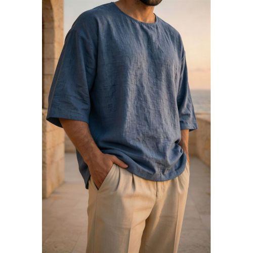 Castiel Bisiklet Yaka Fakir Kol Oversize Kısa Kol T-shirt - Mavi