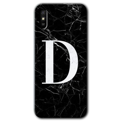 MRCİLETİSİM Xiaomi Redmi 9A Kılıf Baskılı Kapak - Siyah Mermer Desenli D Harfi + 5D Tam Kaplayan Cam