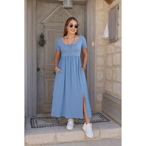 Kadın Kısa Kollu Yuvarlak Yaka önden Yırtmaçlı Cepli Viskon Uzun Elbise