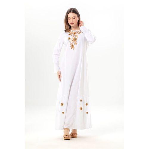 Uzun Kol Aysu Nakışlı Bisiklet Yaka Şile Bezi Yazlık Uzun Elbise Beyaz Byz