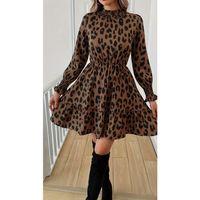 Kadın Uzun Kollu Yarı Balıkçı Yaka Leopar Desenli Modal Mini Elbise
