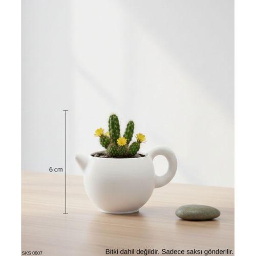 Beyaz Caydanlik Seklinde Mini Dekoratif Saksi 6 Cm Masa Ustu Ofis Dekoru