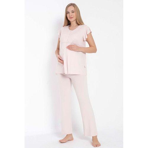 Kısa Kol Bisiklet Yaka Kadın Viskon Dantel Detaylı Hamile Pijama Takımı Sabahlık