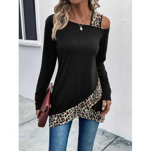 Kadın Tek O Uzdan Açık Askılı Uzun Kollu Leopar Detaylı Viskon Bluz