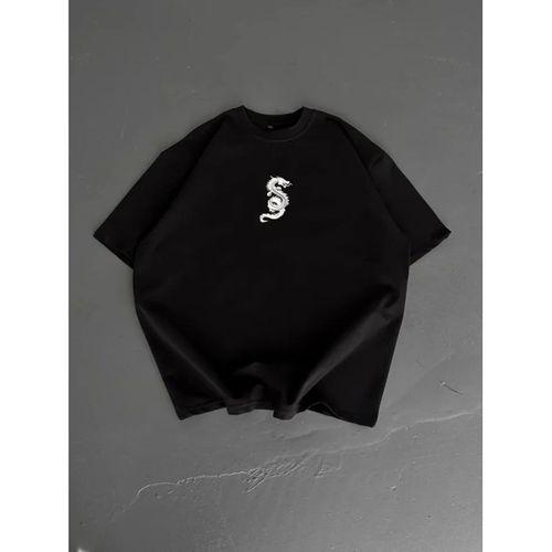 Baskılı Oversize Bisiklet Yaka T-shirt - Siyah