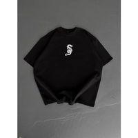 Baskılı Oversize Bisiklet Yaka T-shirt - Siyah