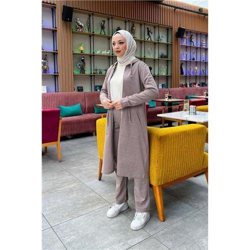 Kapşonlu Belden Bağlamalı Fermuarlı Sade Basic Uzun Tunik ve Pantolon İkili Spor Takım - 03065.016 - Vizon