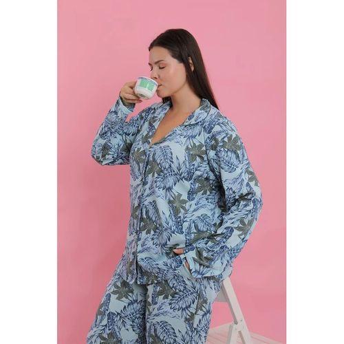 Kadın Büyük Beden Mavi Tropikal Desenli Düğmeli Pijama Takımı