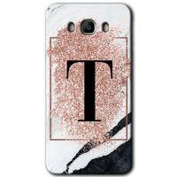 Galaxy J7 2016 Kılıf HD Desen Baskılı Arka Kapak - Pembe Mermer Desenli T Harfi + Kırılmaz Cam