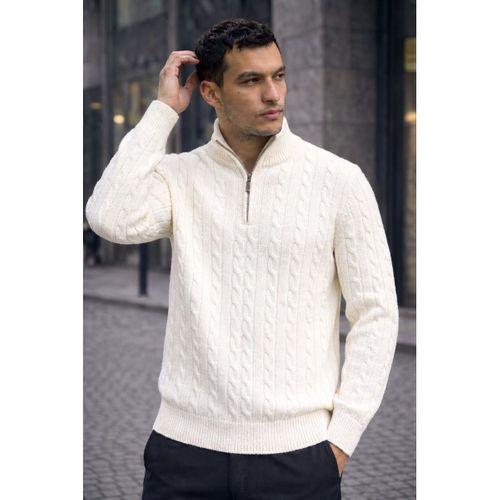Bardem Saç Örgülü Yarım Fermuar Erkek Triko Kazak - Ekru