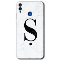 MRCİLETİSİM Honor 8c Kılıf HD Desen Baskılı Arka Kapak + Temperli Cam - Beyaz Mermer Desenli Ş Harfi