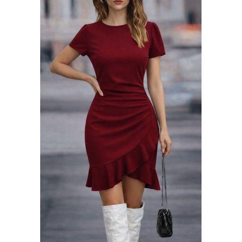 Kadın Kısa Kollu Bisiklet Yaka önden Volanlı Ithal Krep Elbise