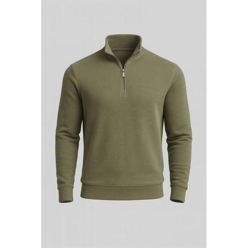Selanik Örme Kumaş Yarım Fermuar Erkek Sweatshirt - Haki