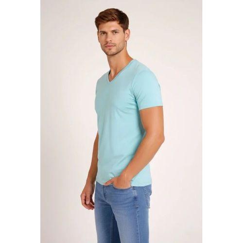 Erkek T-Shirt V Yaka Slim Fit Dar Kesim Likralı Tişört Günlük Basic Body - Turkuvaz