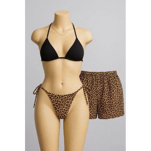 Siyah Leopar Desenli 3’lü Bikini Takımı Şortlu Yandan Bağlamalı Esnek Kumaş Kadın Mayo Seti