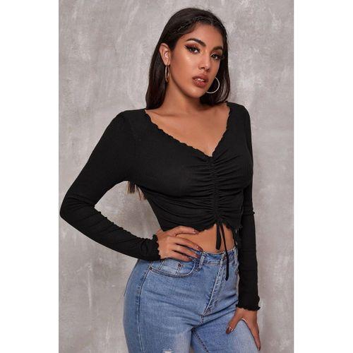 Kadın Siyah Uzun Kol Drapeli Bağcık Detaylı Crop Top Bluz