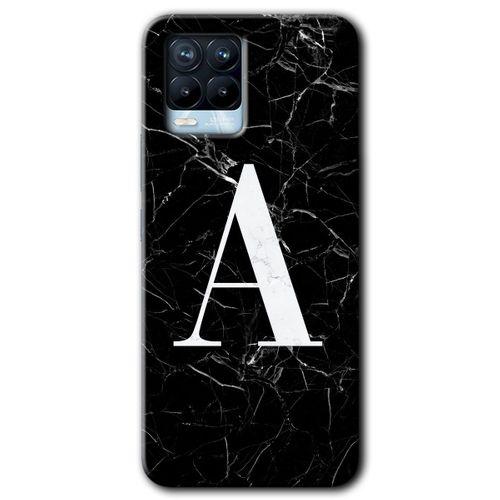 BeRa Aksesuar Realme 8 Kılıf Baskılı Kapak - Siyah Mermer Desenli A Harfi +Tam Kaplayan Mat Seramik