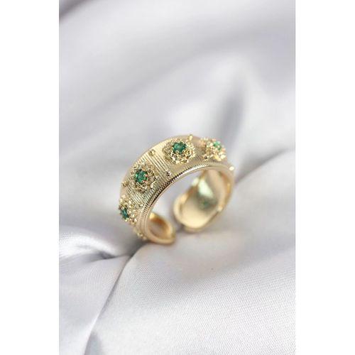 Yeşil Zirkon Taşlı Gold Renk Vintage Kadın Yüzük