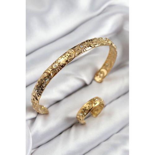Pirinç Zirkon Taşlı Vintage Model Gold Renk Bileklik Yüzük Set