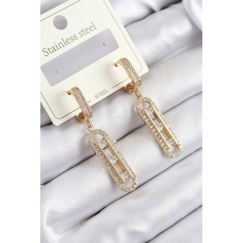 316L Çelik Zirkon Taşlı Sallantılı Messika Model Gold Renk Kadın Küpe