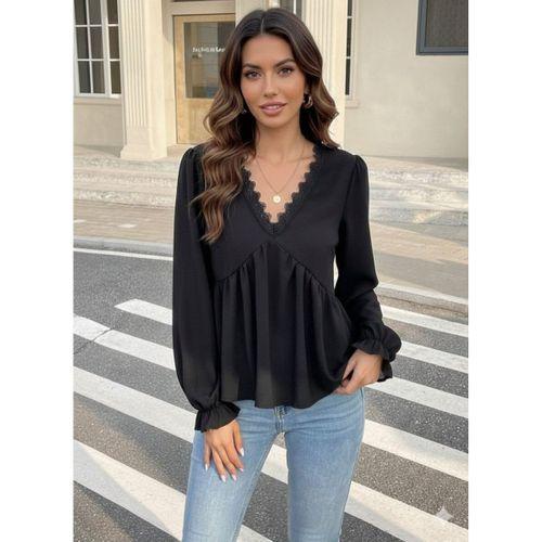 Kadın Uzun Kollu V Dantel Yaka Aerobin Bluz